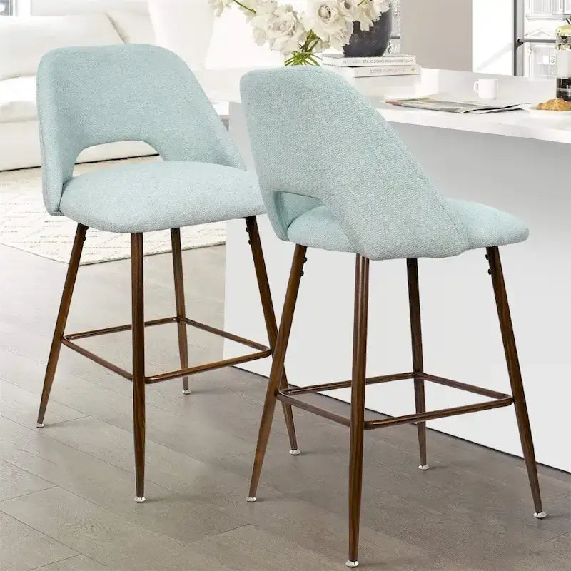Upholstered Bar Stools with Walnut Legs, Set of 2