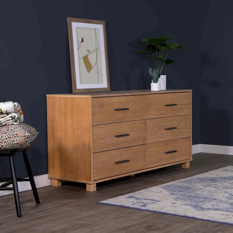 Solid Pine Six-Drawer Dresser with Wire-Brushed Finish