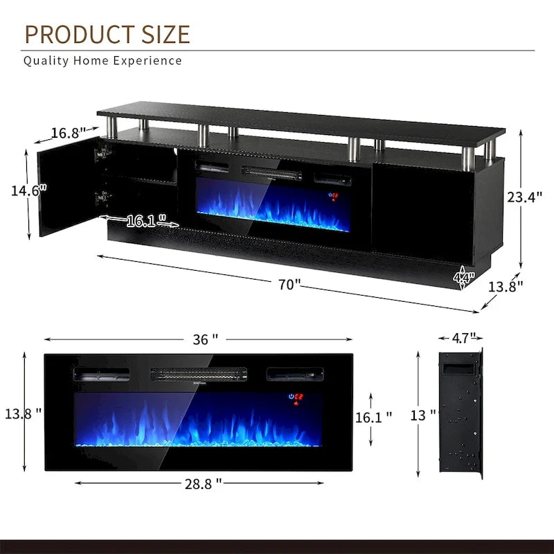 TV-Schrank, 70 Zoll, mit elektrischem Kamin, 36 Zoll