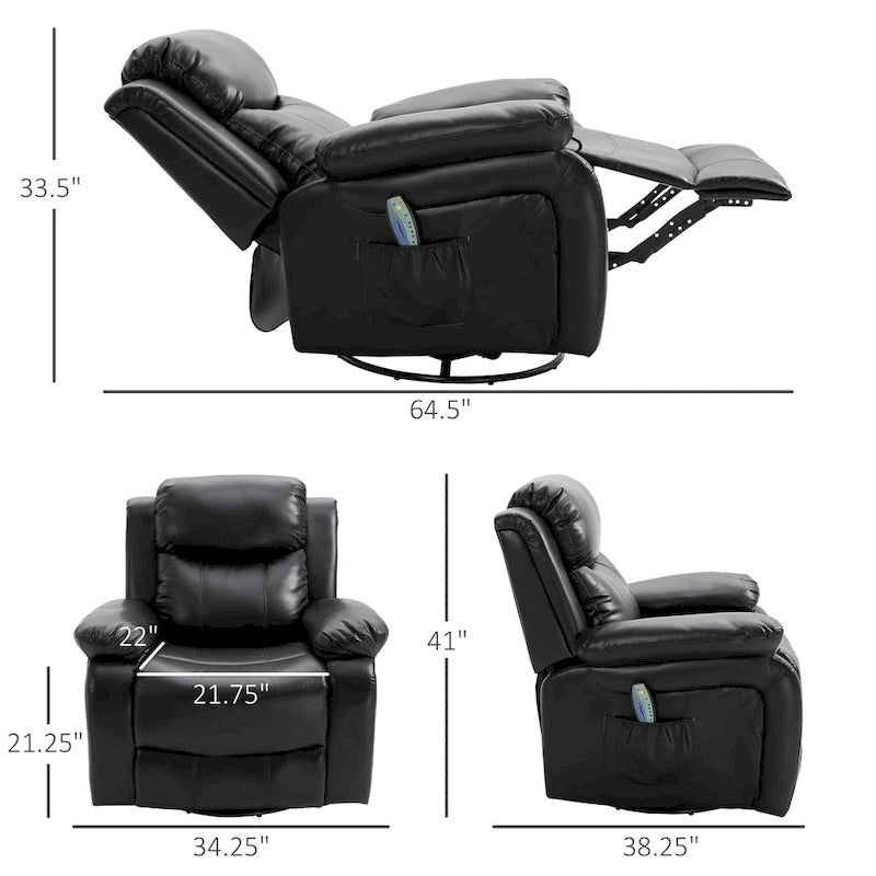 Black PU Leather Swivel Rocking Massage Recliner