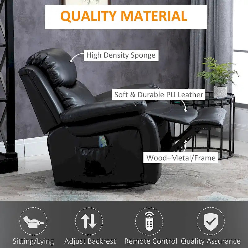 Black PU Leather Swivel Rocking Massage Recliner