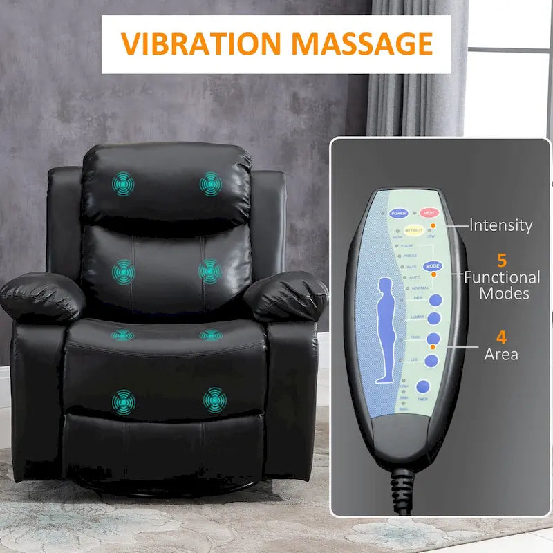 Black PU Leather Swivel Rocking Massage Recliner