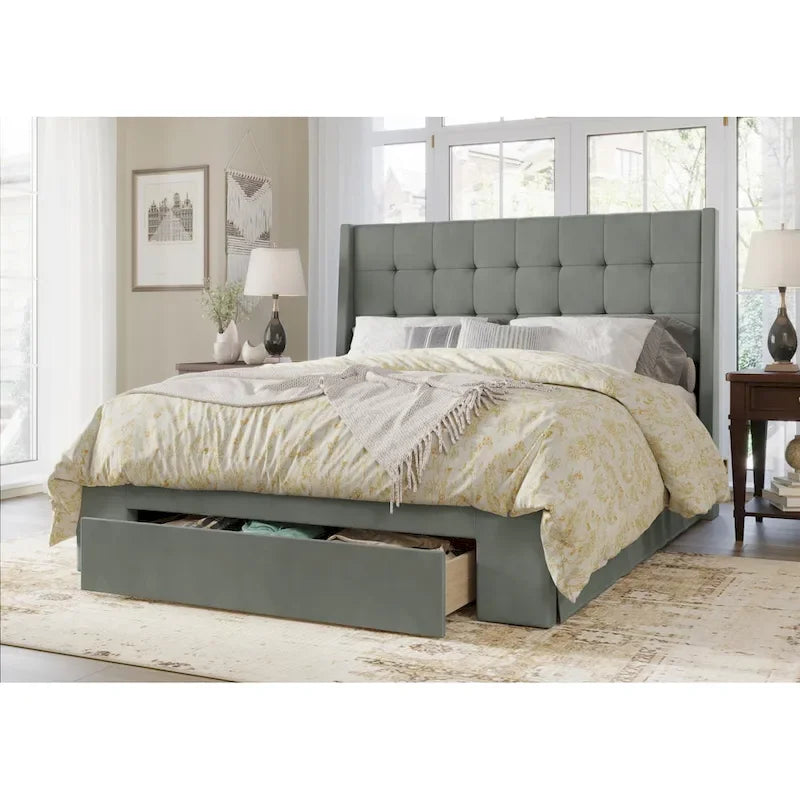 Tufted Upholstered Storage Bed with Footboard Drawer
