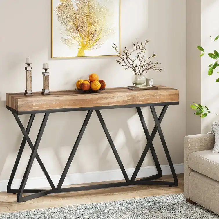 55-Inch Wood-Effect Console Table with Black Metal Legs