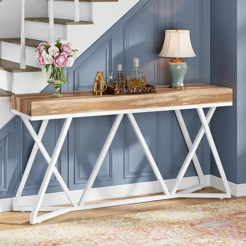 55-Inch Wood-Effect Console Table with Black Metal Legs
