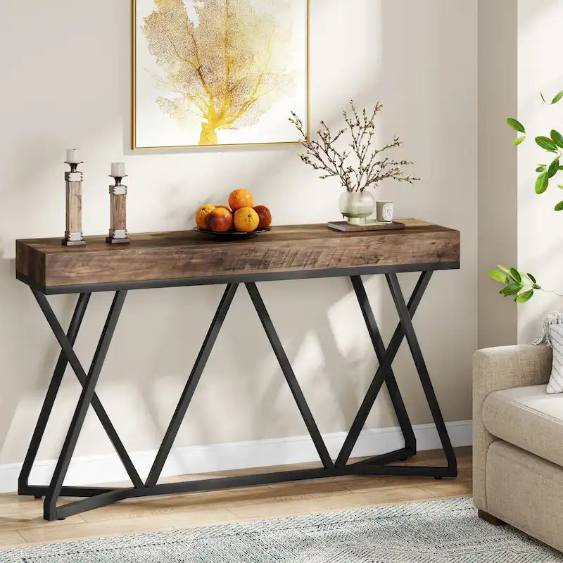 55-Inch Wood-Effect Console Table with Black Metal Legs