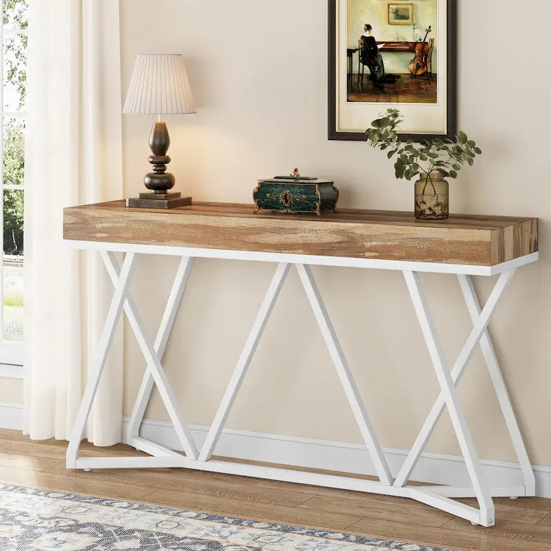 55-Inch Wood-Effect Console Table with Black Metal Legs