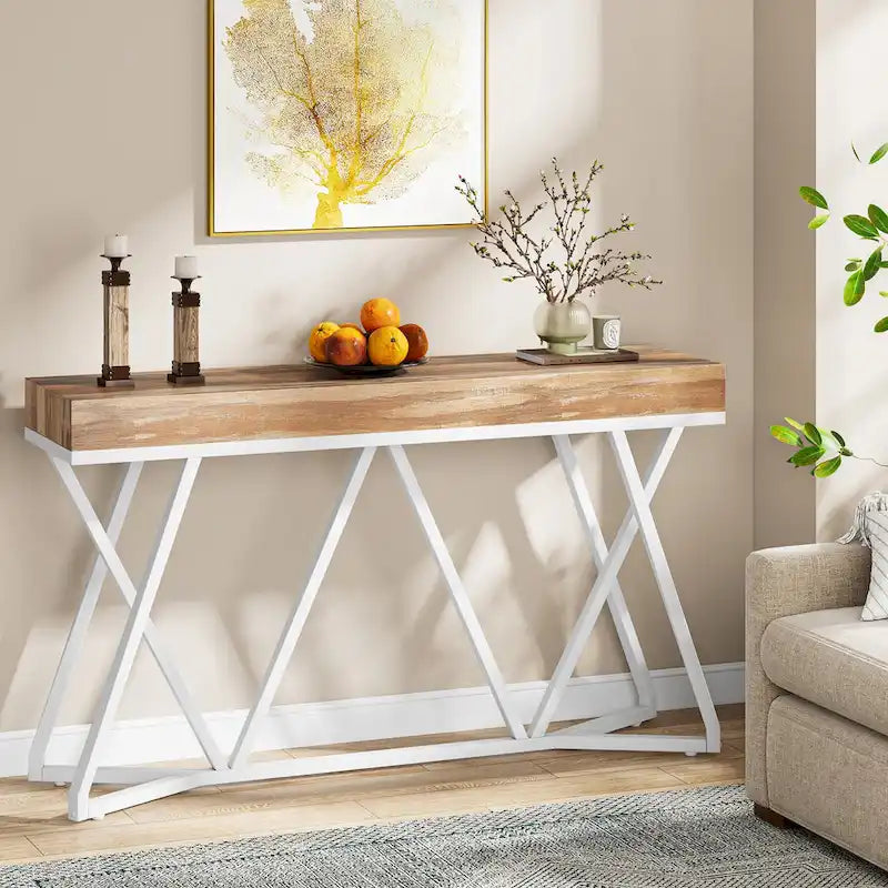 55-Inch Wood-Effect Console Table with Black Metal Legs