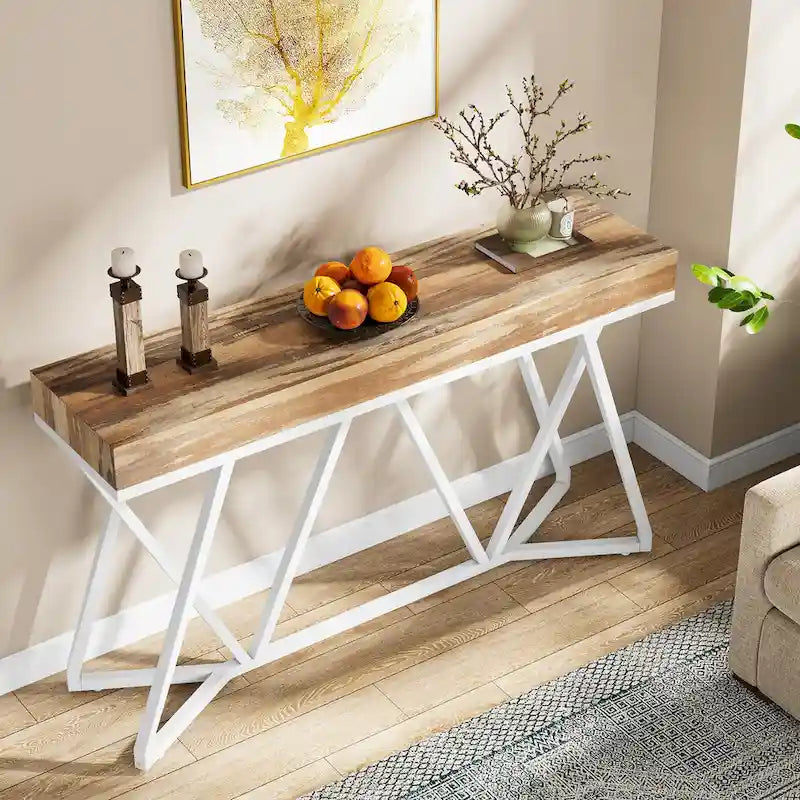 55-Inch Wood-Effect Console Table with Black Metal Legs