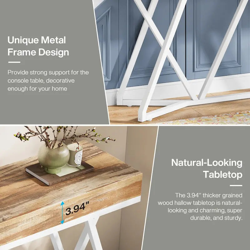 Table console de 55 pouces effet bois avec pieds en métal noir