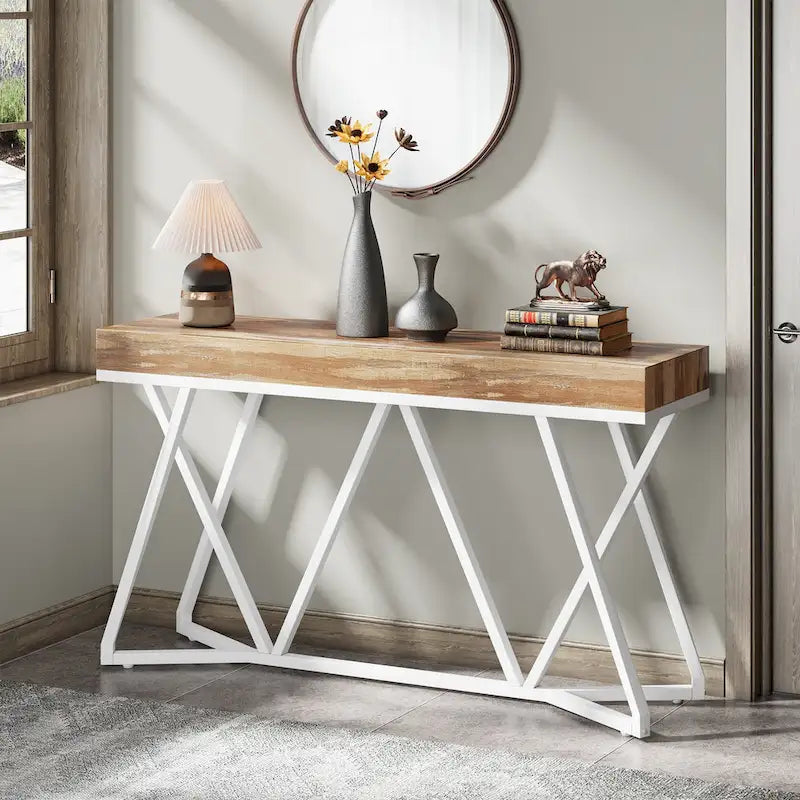 Table console de 55 pouces effet bois avec pieds en métal noir