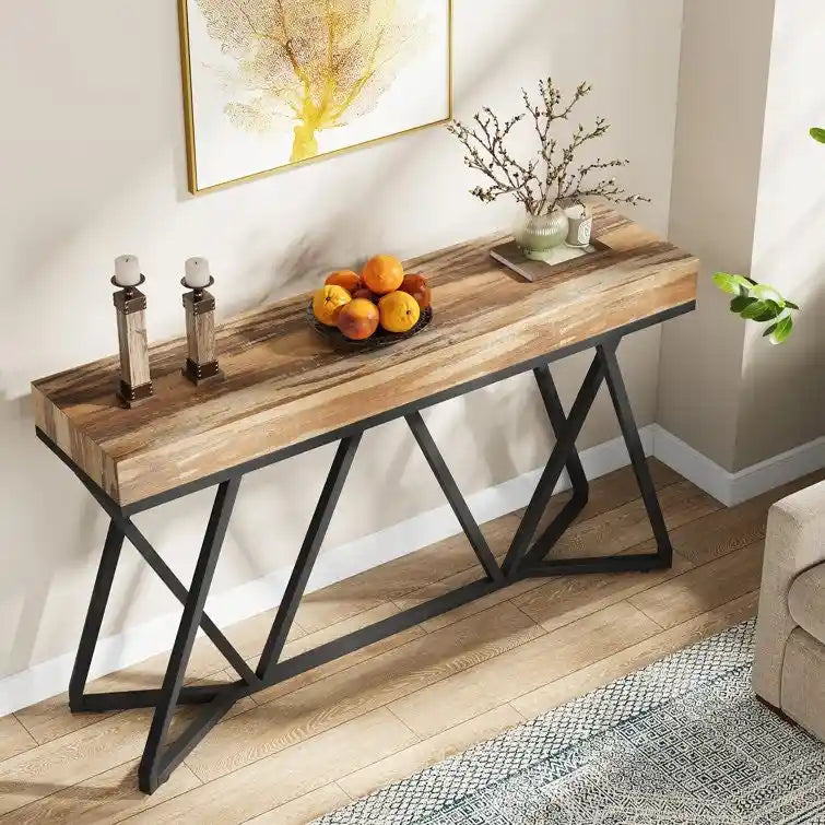 Table console de 55 pouces effet bois avec pieds en métal noir