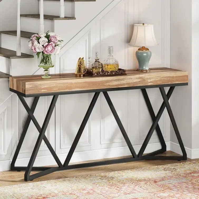 Table console de 55 pouces effet bois avec pieds en métal noir