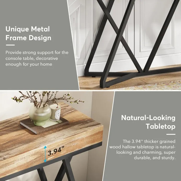 Table console de 55 pouces effet bois avec pieds en métal noir