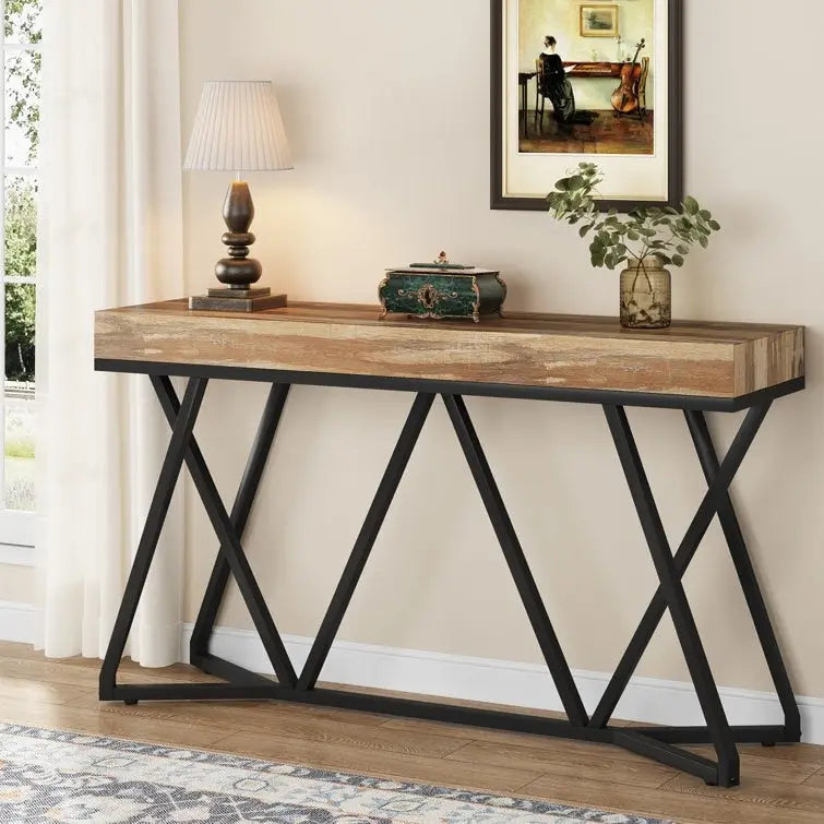 Table console de 55 pouces effet bois avec pieds en métal noir