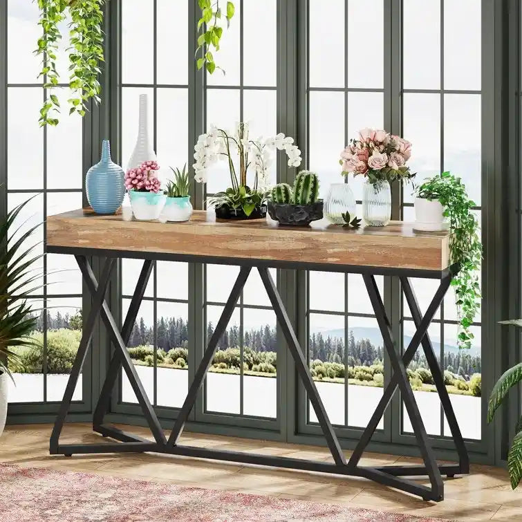 Table console de 55 pouces effet bois avec pieds en métal noir
