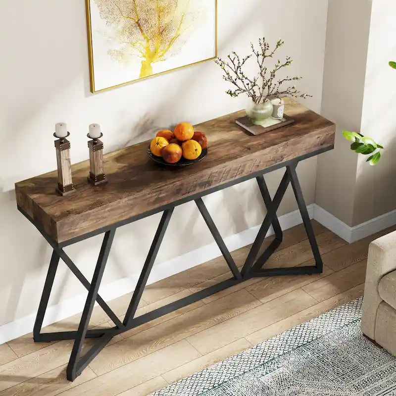 Table console de 55 pouces effet bois avec pieds en métal noir