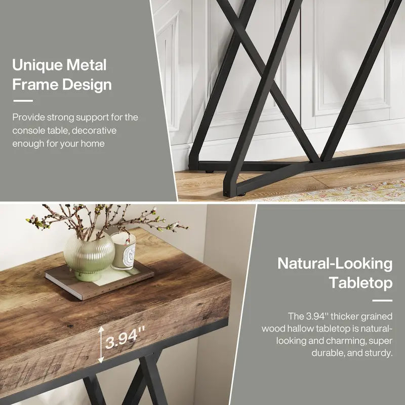 Table console de 55 pouces effet bois avec pieds en métal noir