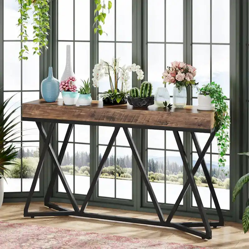Table console de 55 pouces effet bois avec pieds en métal noir