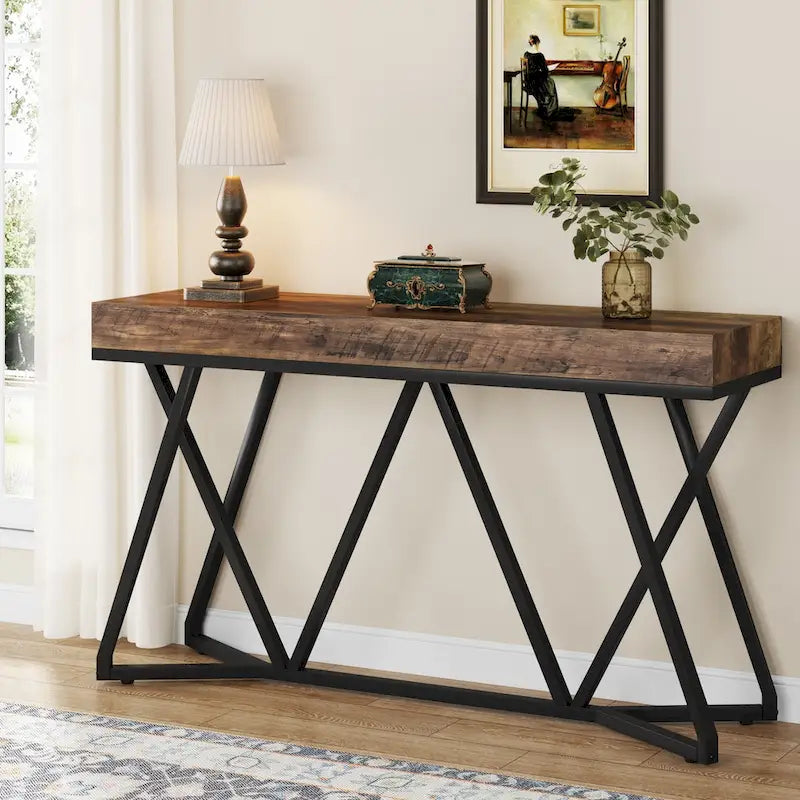 Table console de 55 pouces effet bois avec pieds en métal noir