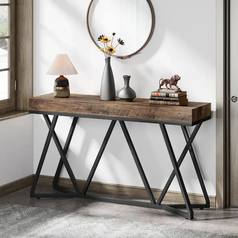 Table console de 55 pouces effet bois avec pieds en métal noir