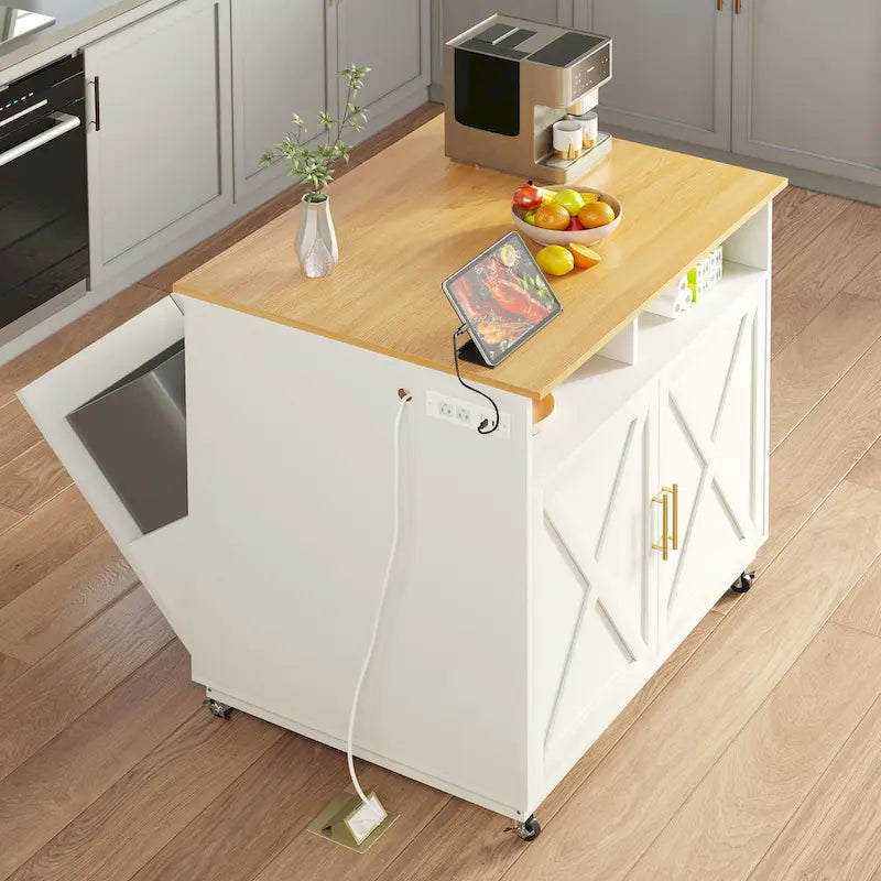 Rolling Kitchen Island with Trash Bin Cabinets and Drawer