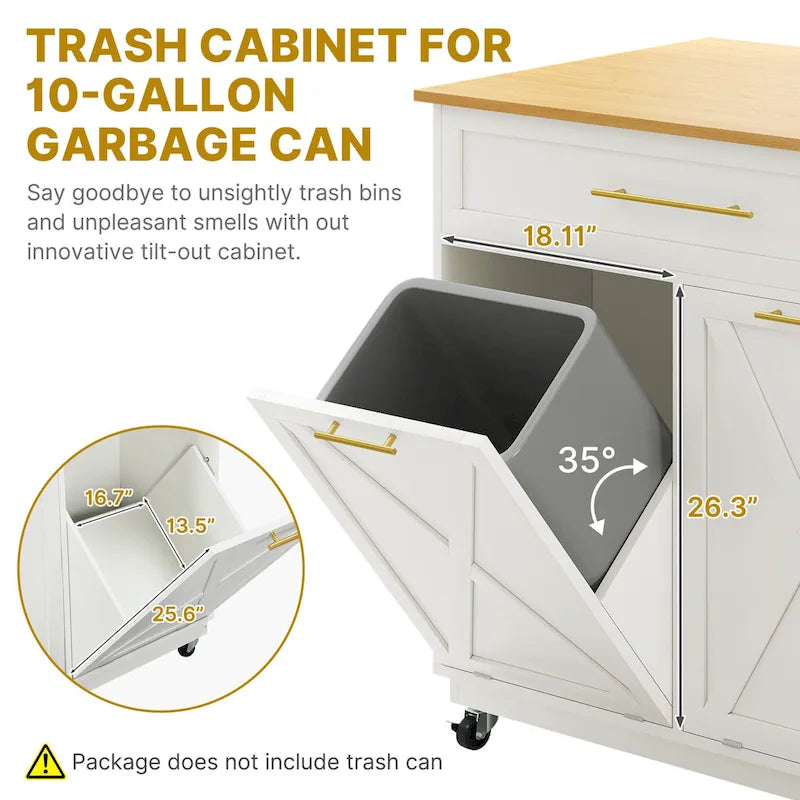 Rolling Kitchen Island with Trash Bin Cabinets and Drawer