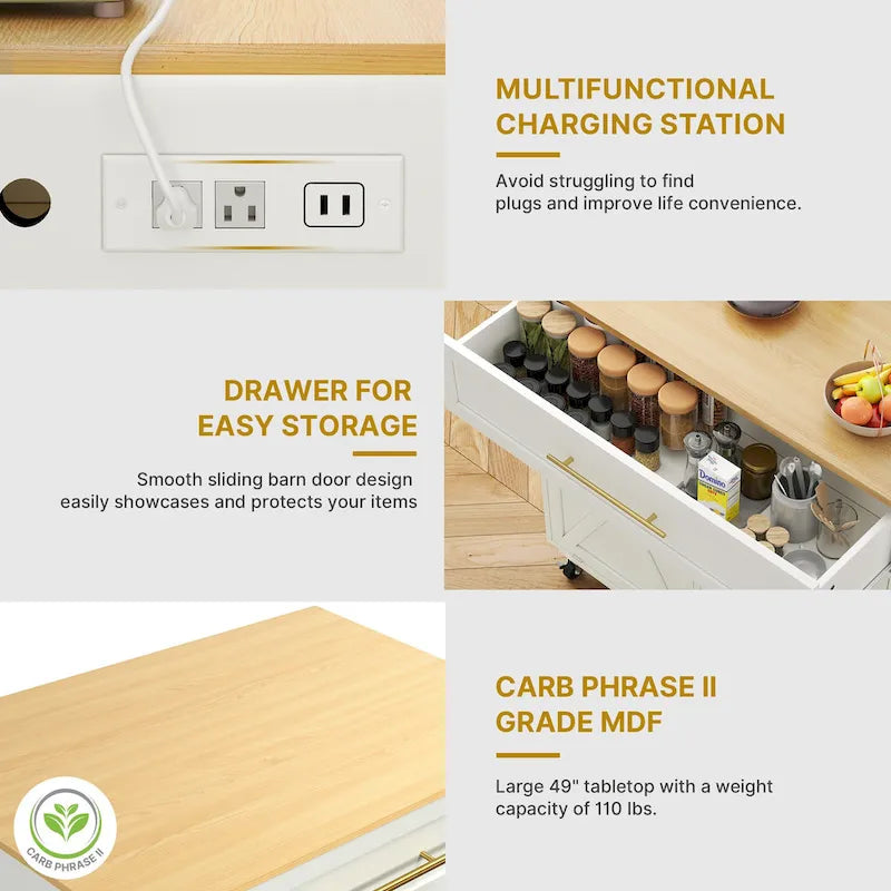 Rolling Kitchen Island with Trash Bin Cabinets and Drawer