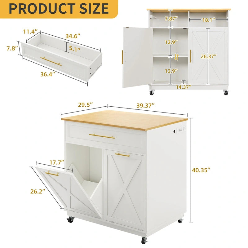 Rolling Kitchen Island with Trash Bin Cabinets and Drawer