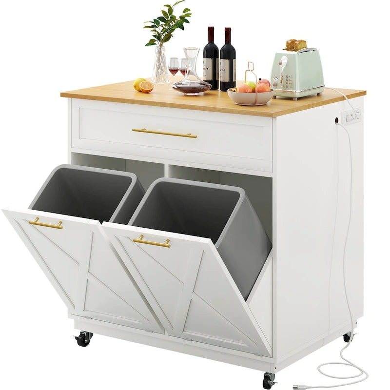 Rolling Kitchen Island with Trash Bin Cabinets and Drawer