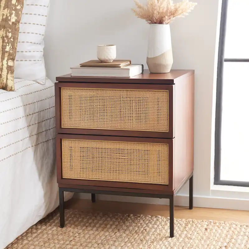 Two-Drawer Rattan Nightstand with Black Frame