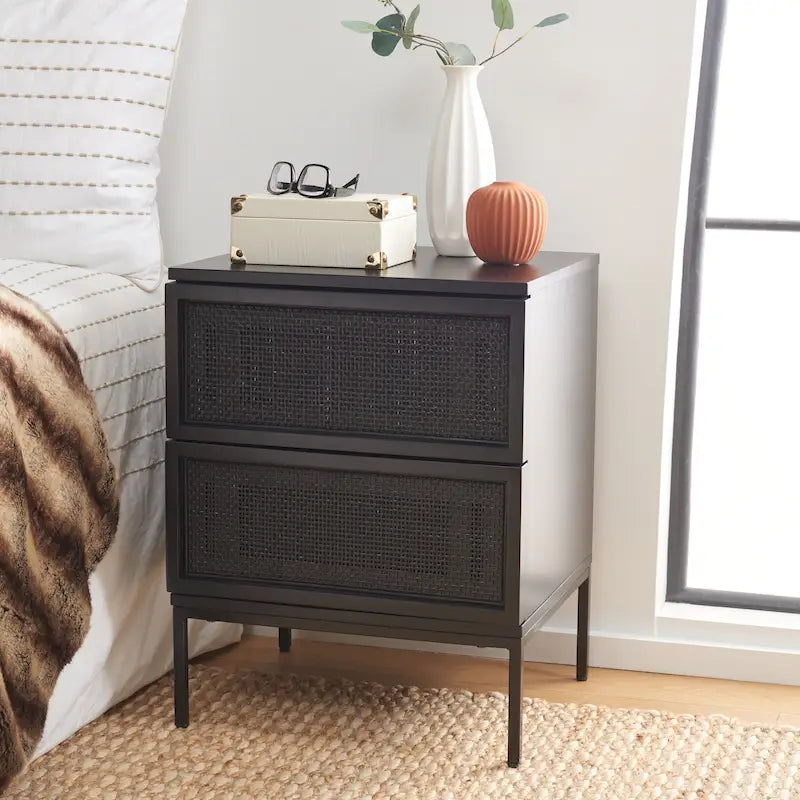 Two-Drawer Rattan Nightstand with Black Frame