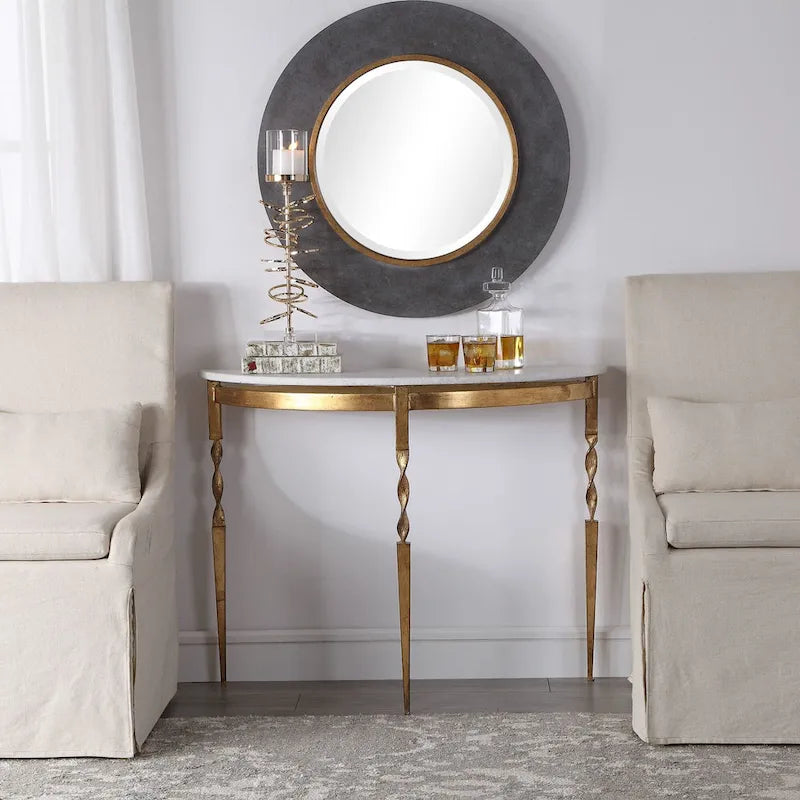Table console demi-lune avec plateau en marbre et base en fonte