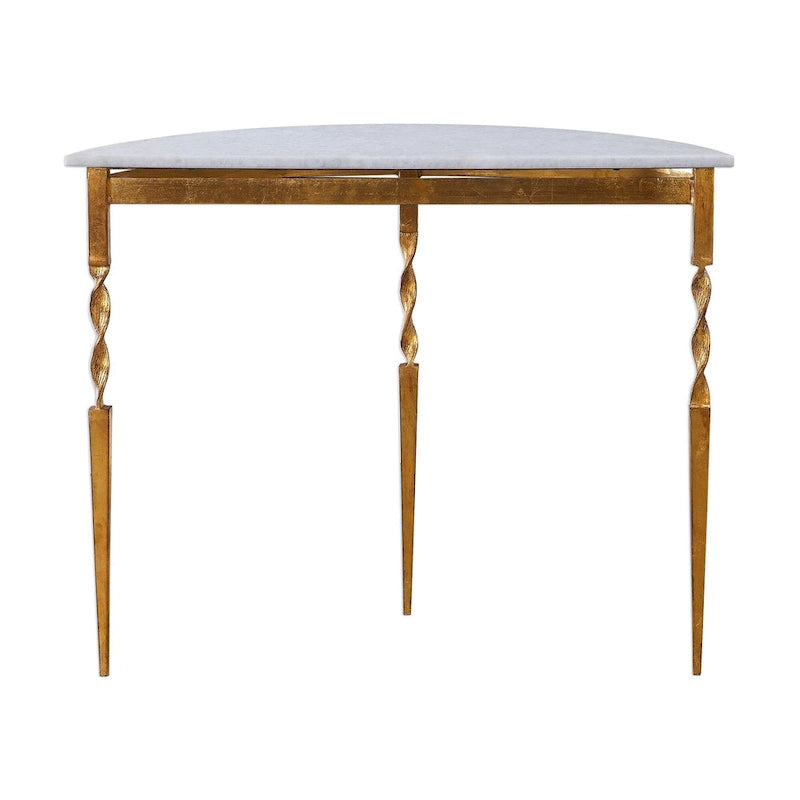 Table console demi-lune avec plateau en marbre et base en fonte