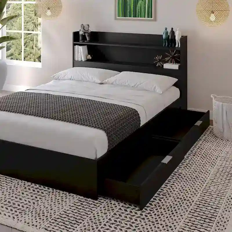 Platform Bed with Bookcase Headboard and Two Drawers