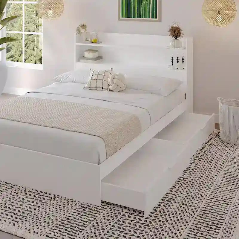 Platform Bed with Bookcase Headboard and Two Drawers