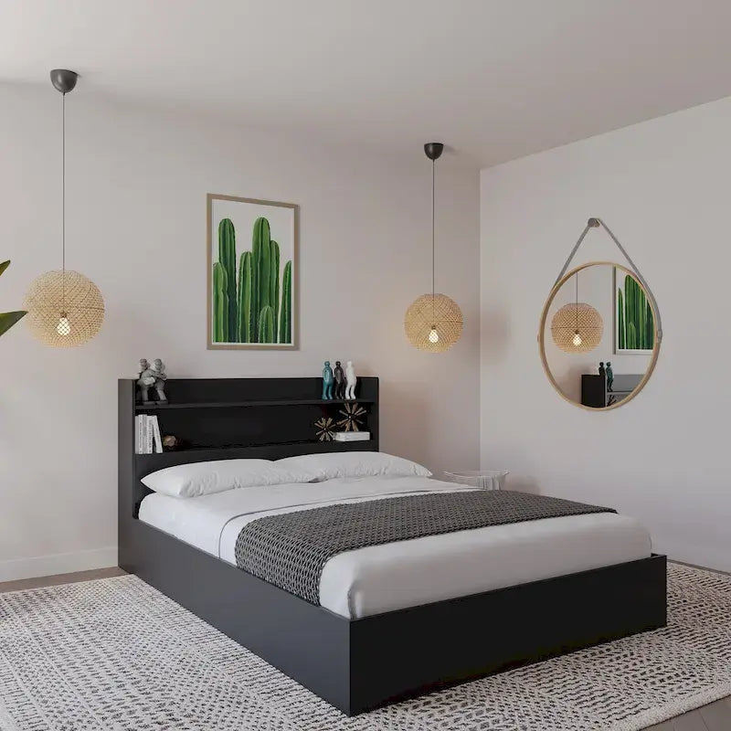 Platform Bed with Bookcase Headboard and Two Drawers