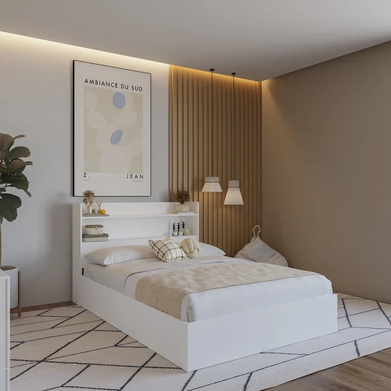 Platform Bed with Bookcase Headboard and Two Drawers