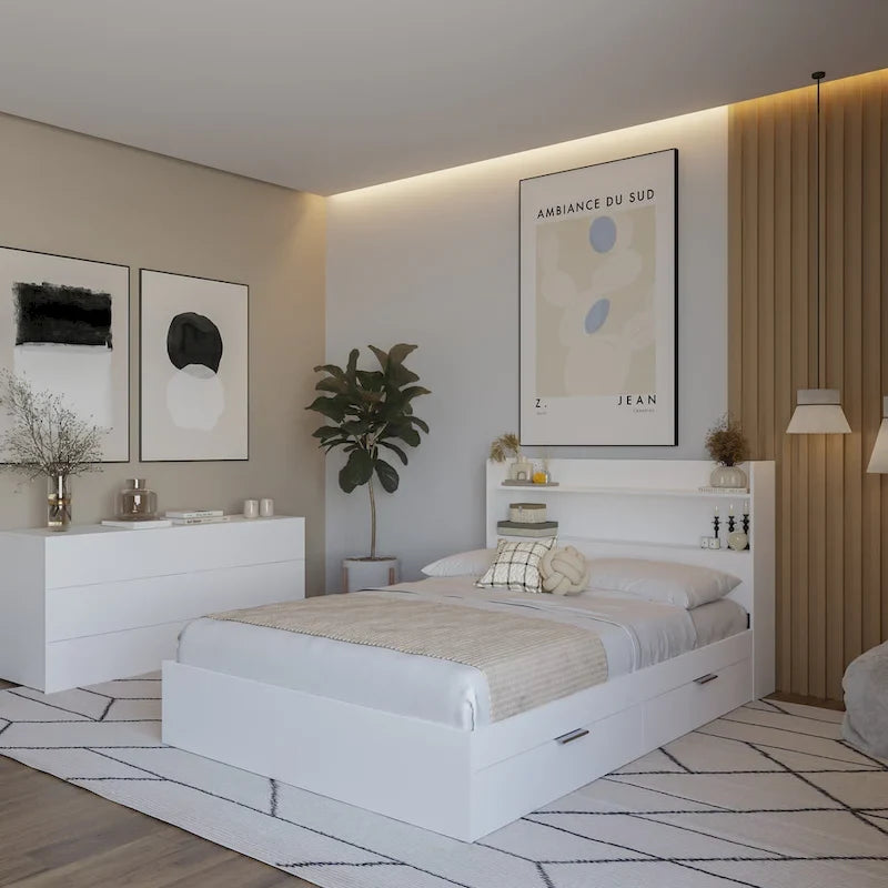 Platform Bed with Bookcase Headboard and Two Drawers
