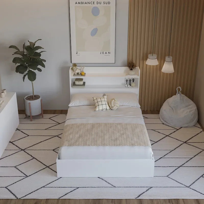 Platform Bed with Bookcase Headboard and Two Drawers