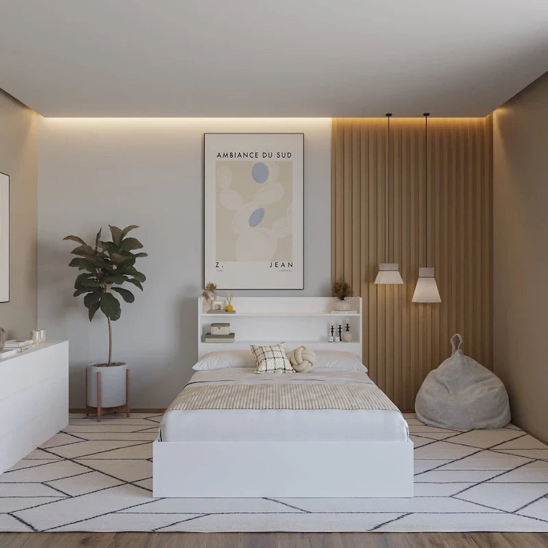 Platform Bed with Bookcase Headboard and Two Drawers