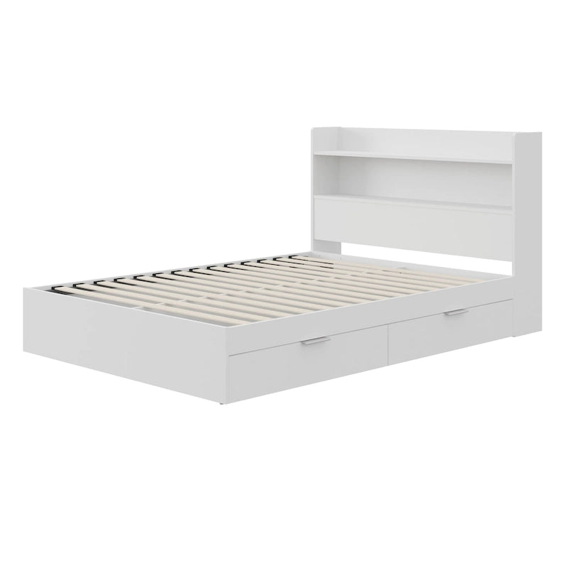 Platform Bed with Bookcase Headboard and Two Drawers