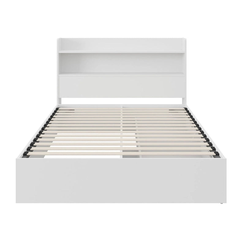 Platform Bed with Bookcase Headboard and Two Drawers