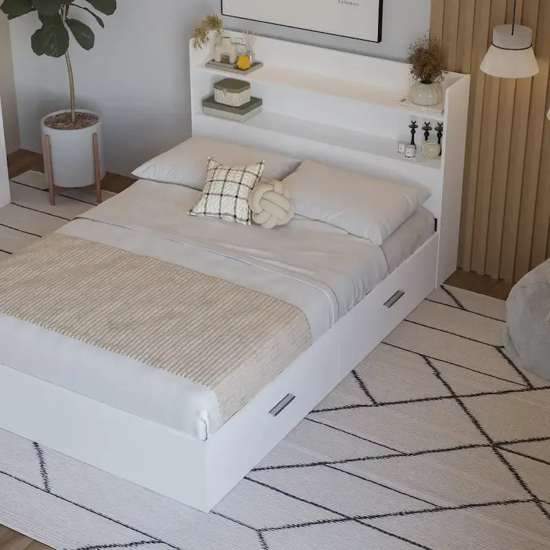 Platform Bed with Bookcase Headboard and Two Drawers