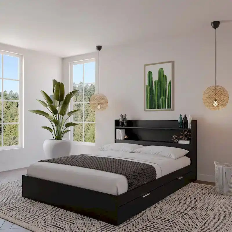Platform Bed with Bookcase Headboard and Two Drawers