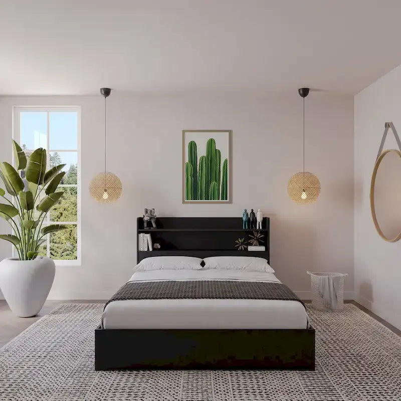 Platform Bed with Bookcase Headboard and Two Drawers