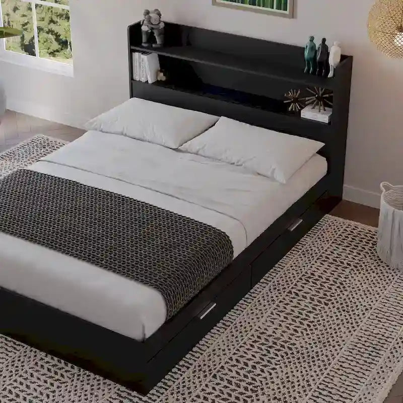 Platform Bed with Bookcase Headboard and Two Drawers