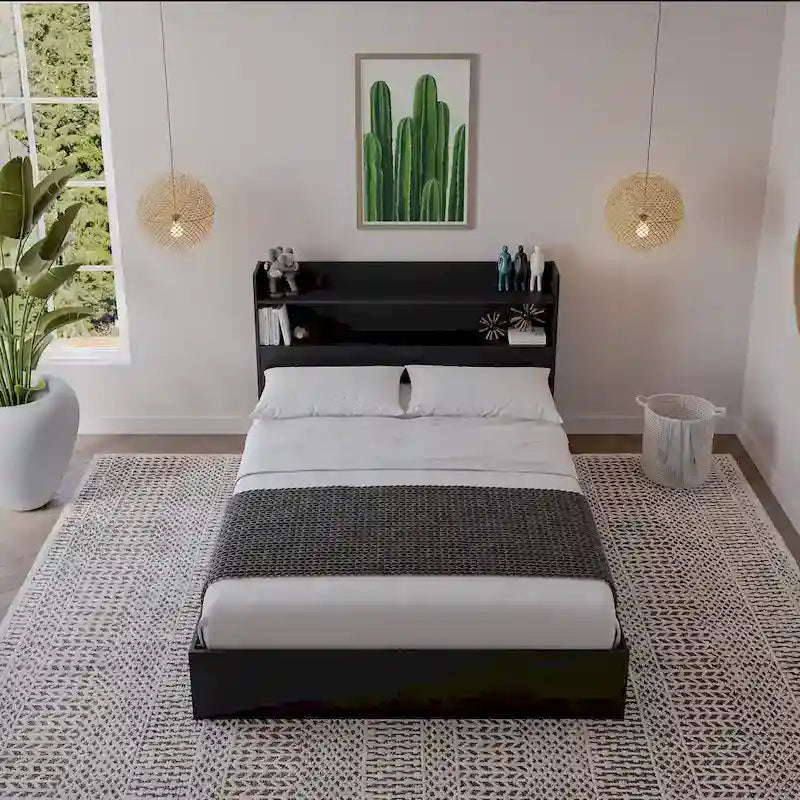 Platform Bed with Bookcase Headboard and Two Drawers