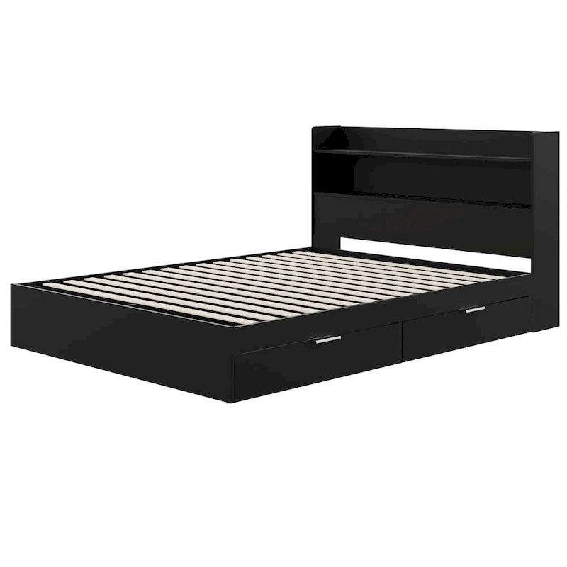 Platform Bed with Bookcase Headboard and Two Drawers