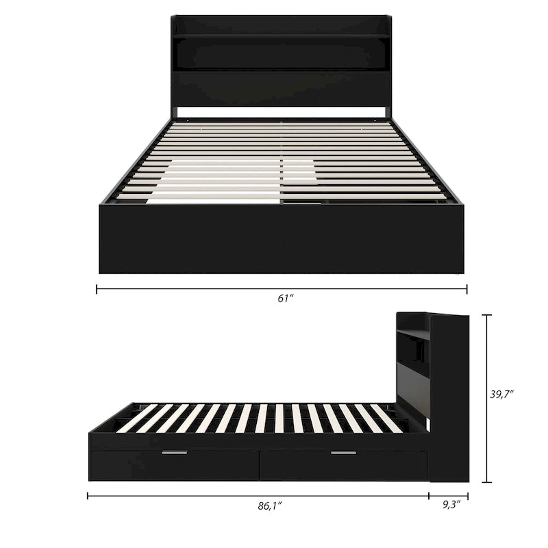 Platform Bed with Bookcase Headboard and Two Drawers